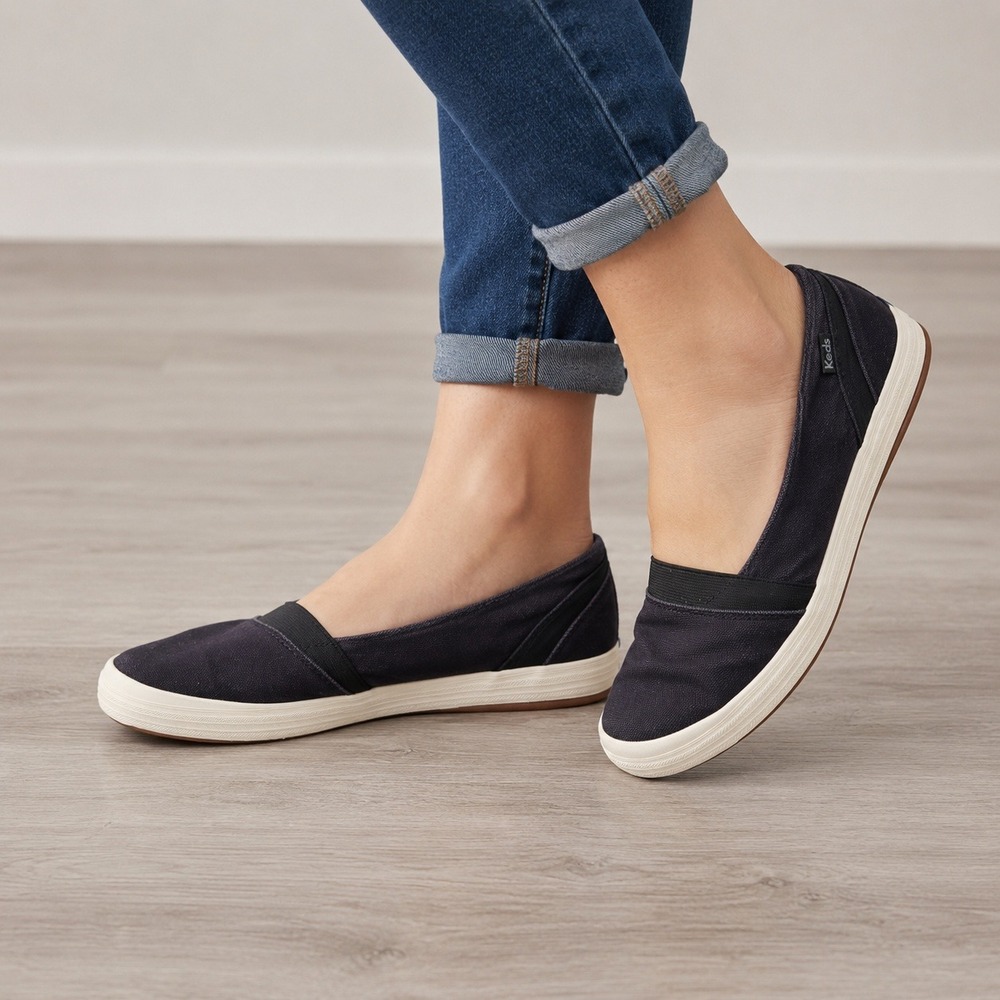 Keds Womens Black Canvas Slip On Ortholite Sneakers Flats Casual Comfort 8.5
